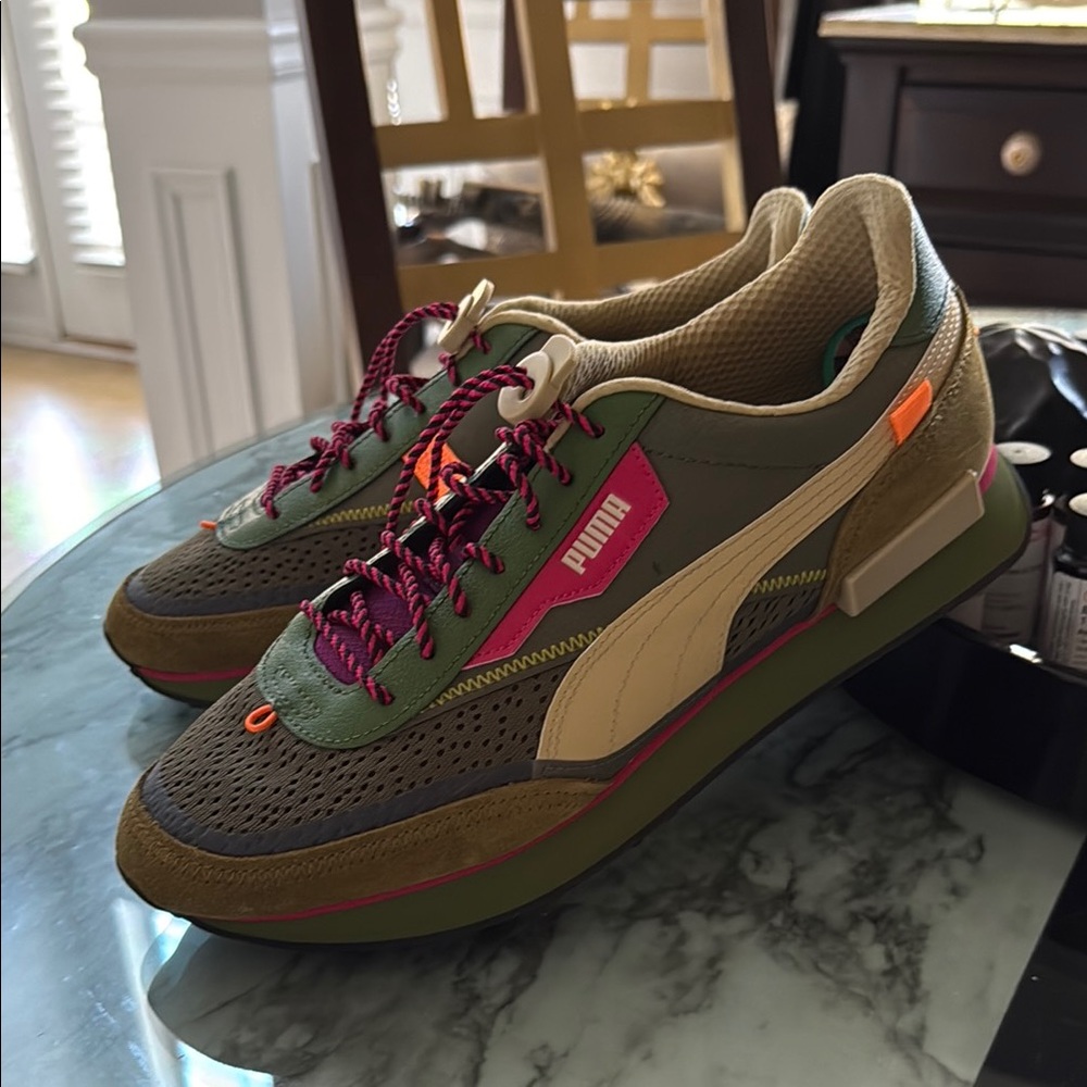 Puma Olive and Pink Retro Sneakers